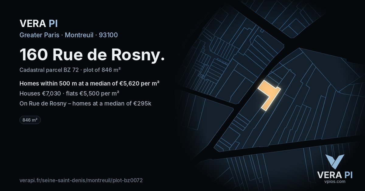 160 Rue de Rosny, Montreuil at night – the plot lit, the parcels around coloured by the prices near them