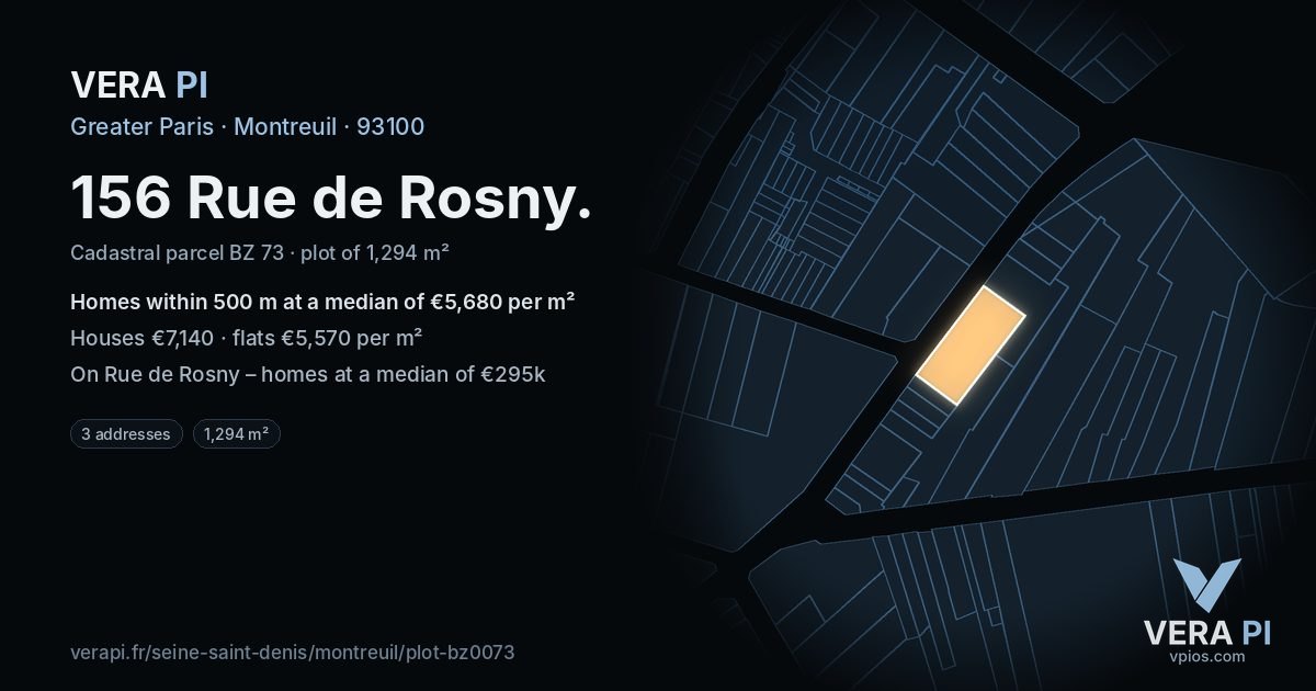 156 Rue de Rosny, Montreuil at night – the plot lit, the parcels around coloured by the prices near them