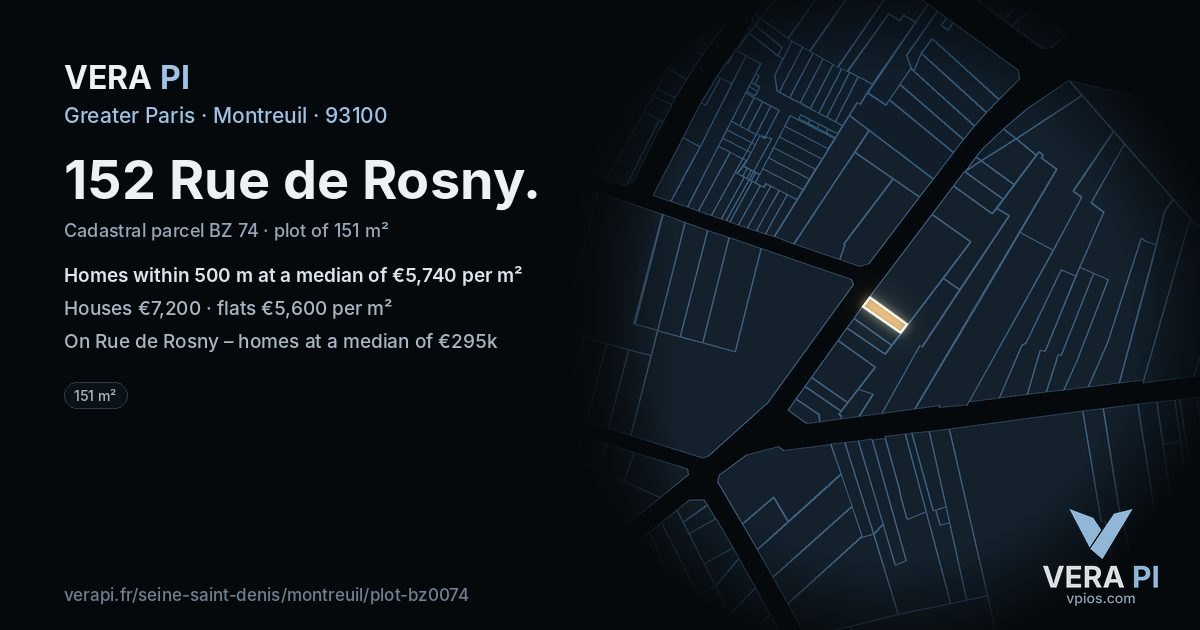 152 Rue de Rosny, Montreuil at night – the plot lit, the parcels around coloured by the prices near them