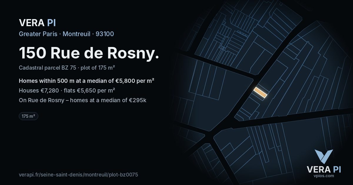150 Rue de Rosny, Montreuil at night – the plot lit, the parcels around coloured by the prices near them