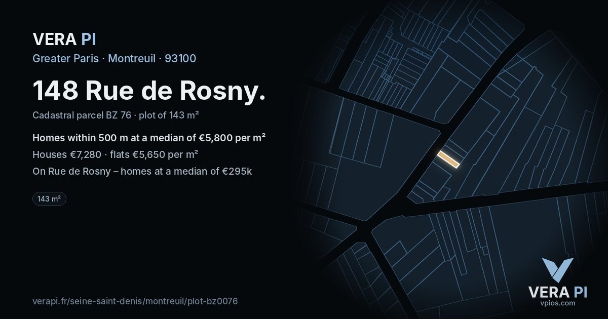 148 Rue de Rosny, Montreuil at night – the plot lit, the parcels around coloured by the prices near them