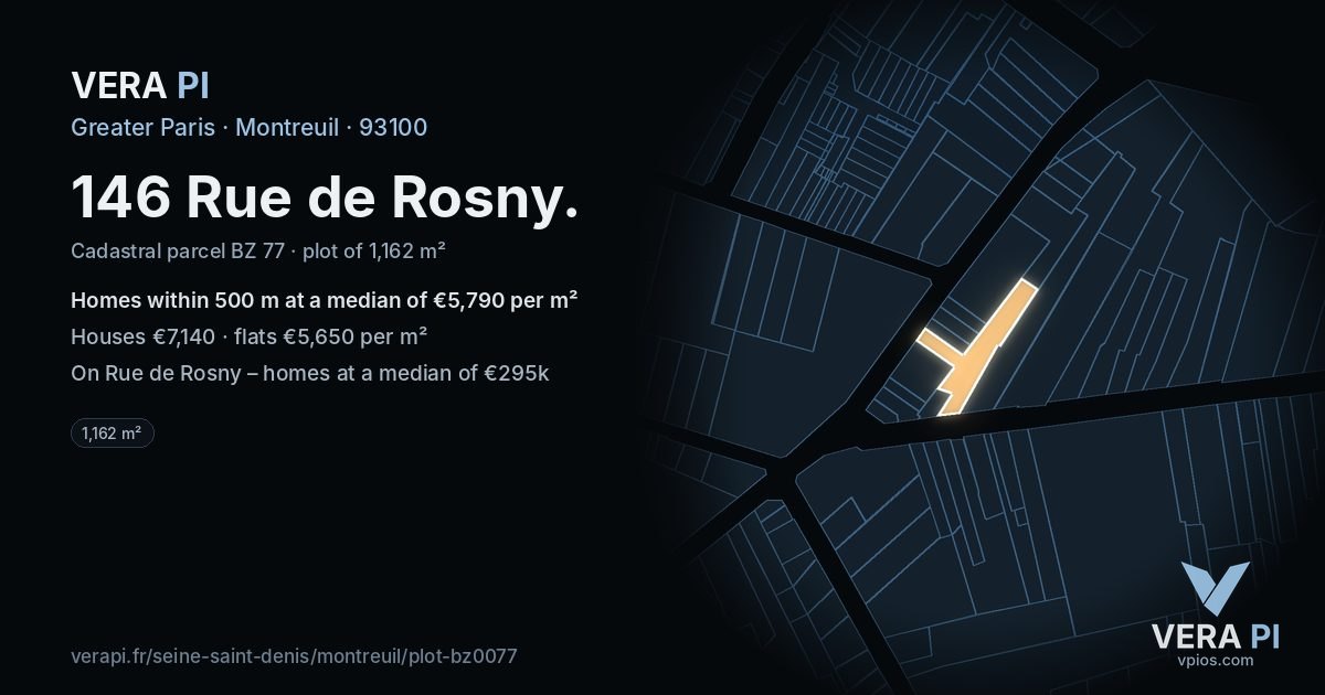 146 Rue de Rosny, Montreuil at night – the plot lit, the parcels around coloured by the prices near them