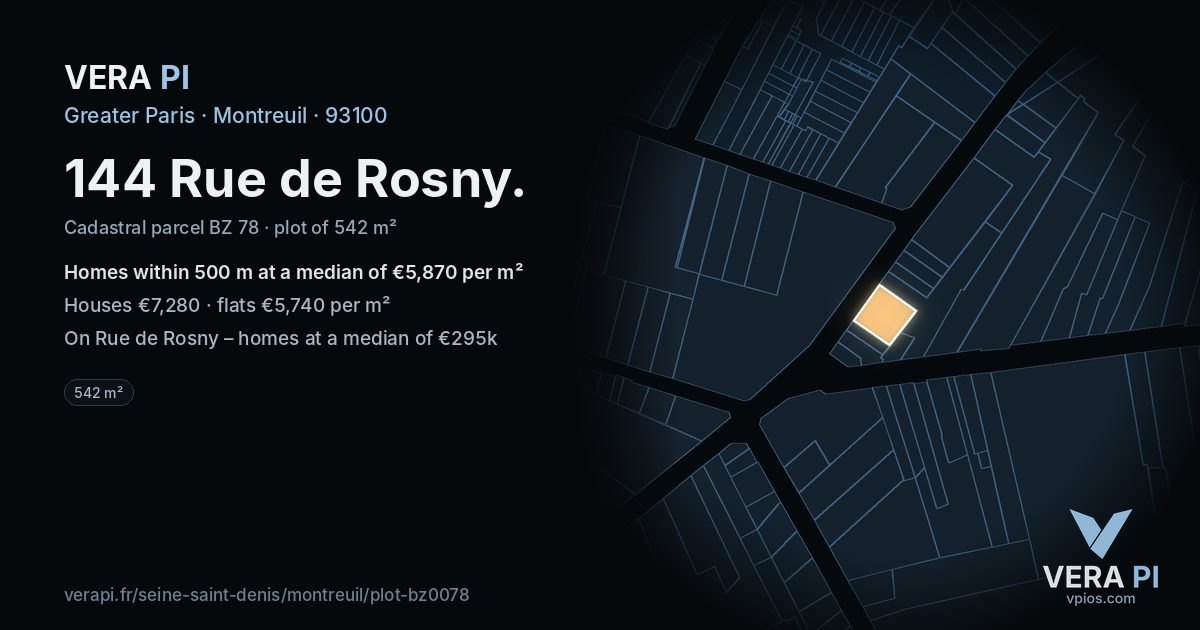 144 Rue de Rosny, Montreuil at night – the plot lit, the parcels around coloured by the prices near them