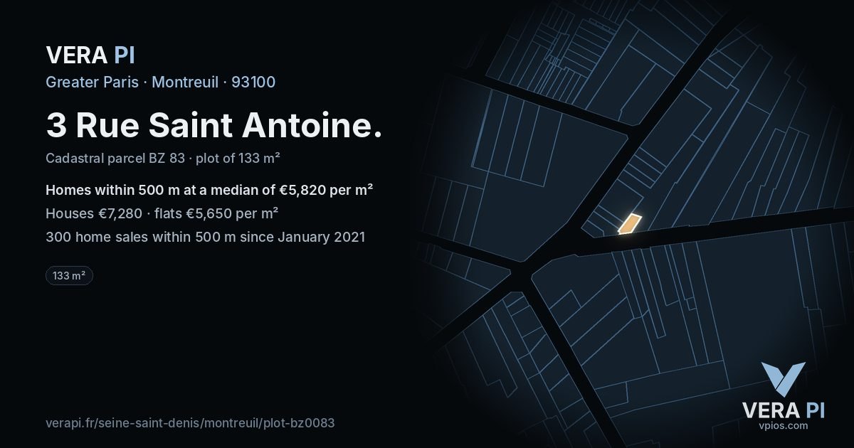 3 Rue Saint Antoine, Montreuil at night – the plot lit, the parcels around coloured by the prices near them