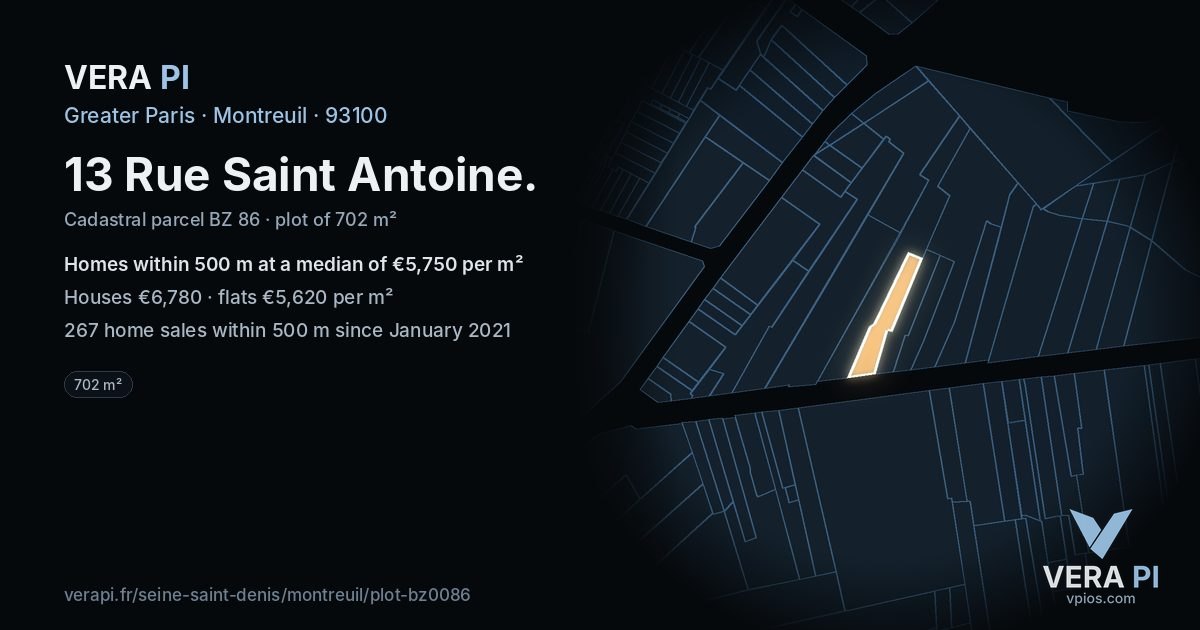 13 Rue Saint Antoine, Montreuil at night – the plot lit, the parcels around coloured by the prices near them