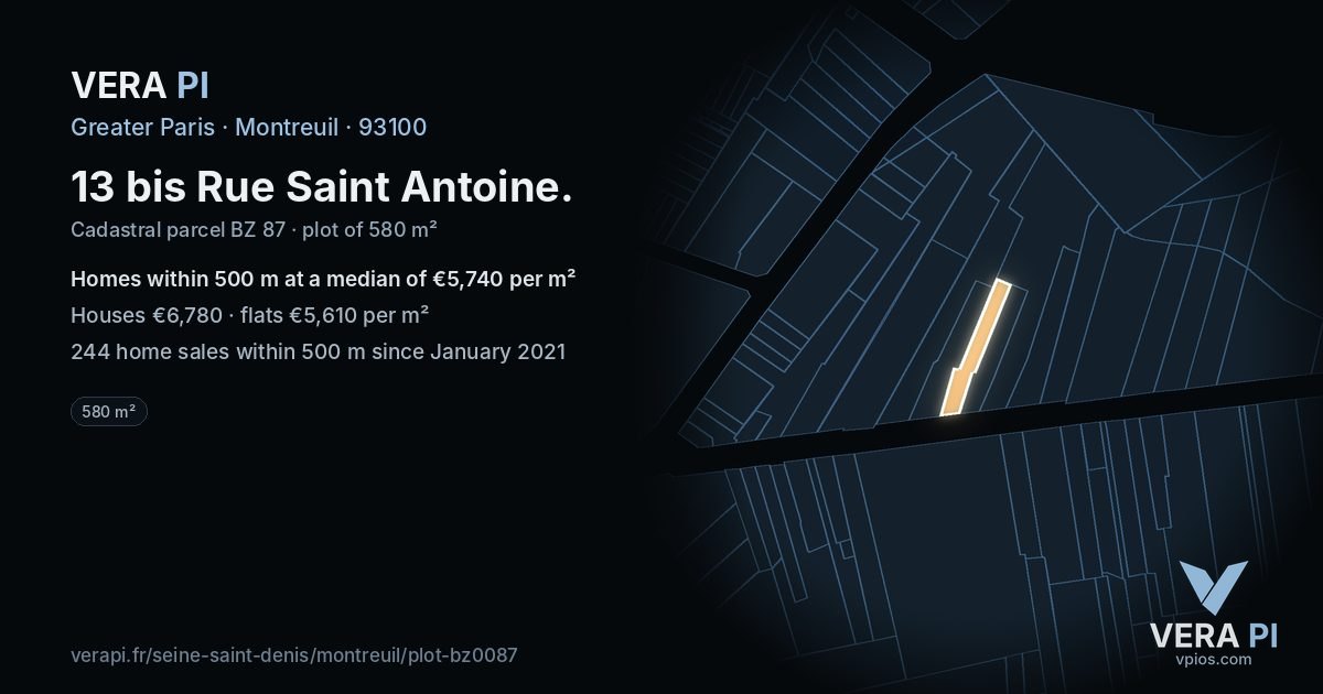 13 bis Rue Saint Antoine, Montreuil at night – the plot lit, the parcels around coloured by the prices near them
