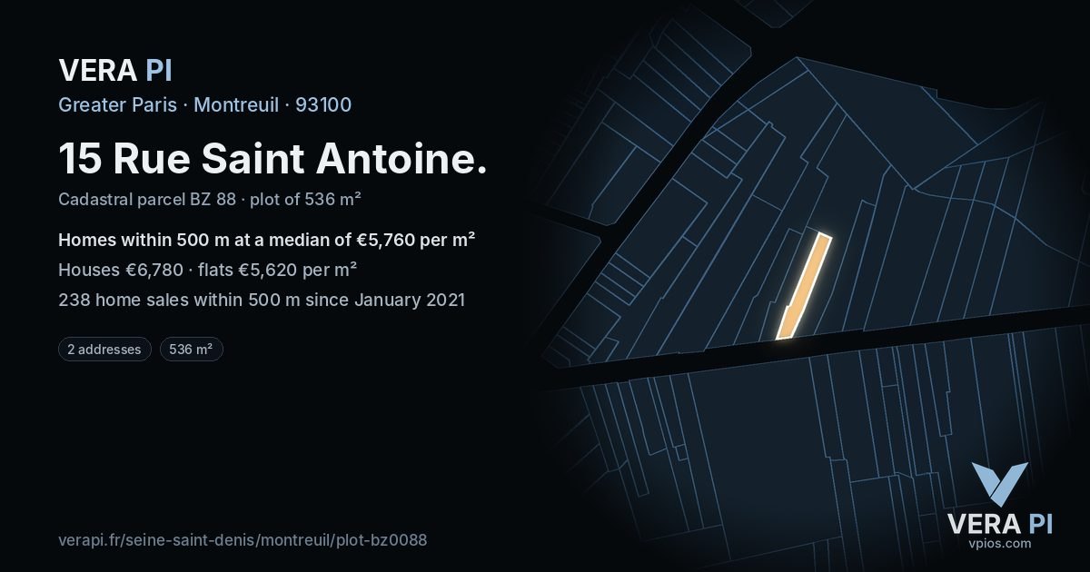 15 Rue Saint Antoine, Montreuil at night – the plot lit, the parcels around coloured by the prices near them