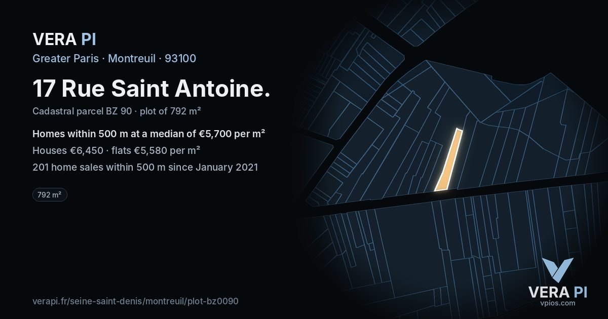 17 Rue Saint Antoine, Montreuil at night – the plot lit, the parcels around coloured by the prices near them