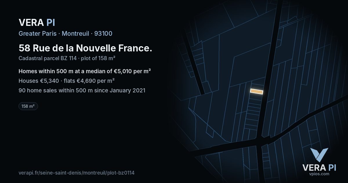 58 Rue de la Nouvelle France, Montreuil at night – the plot lit, the parcels around coloured by the prices near them