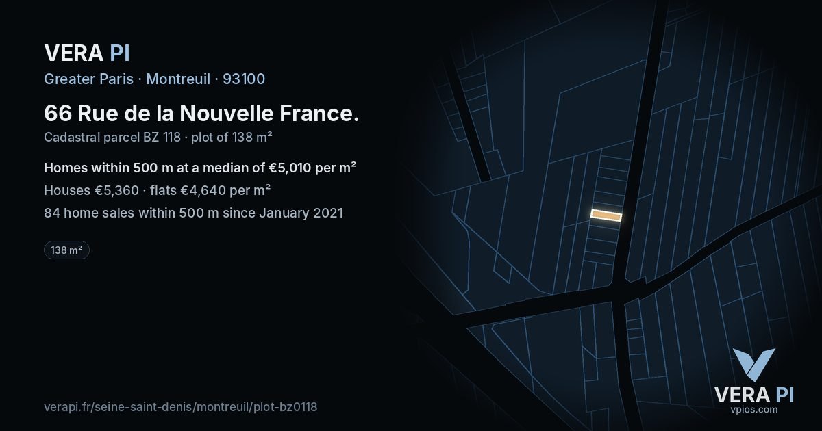 66 Rue de la Nouvelle France, Montreuil at night – the plot lit, the parcels around coloured by the prices near them