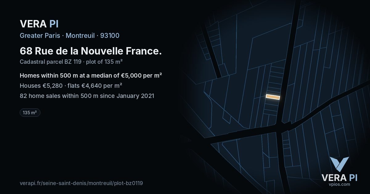 68 Rue de la Nouvelle France, Montreuil at night – the plot lit, the parcels around coloured by the prices near them
