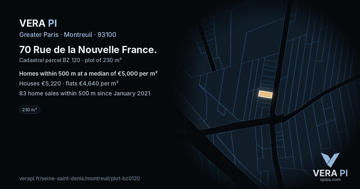 70 Rue de la Nouvelle France, Montreuil at night – the plot lit, the parcels around coloured by the prices near them