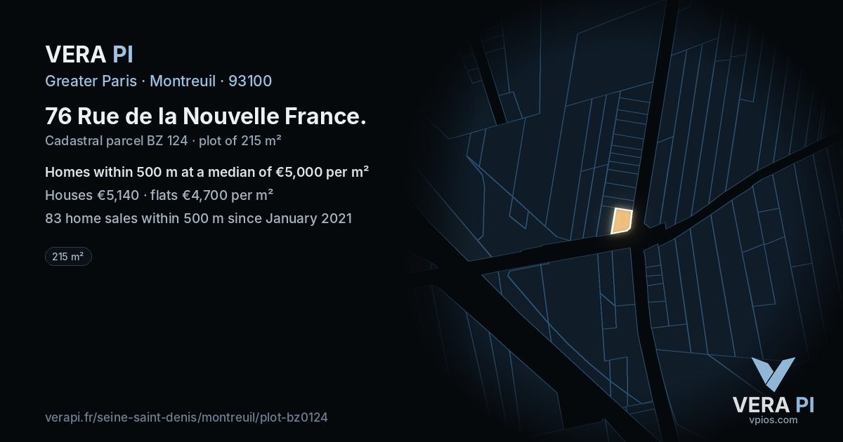 76 Rue de la Nouvelle France, Montreuil at night – the plot lit, the parcels around coloured by the prices near them
