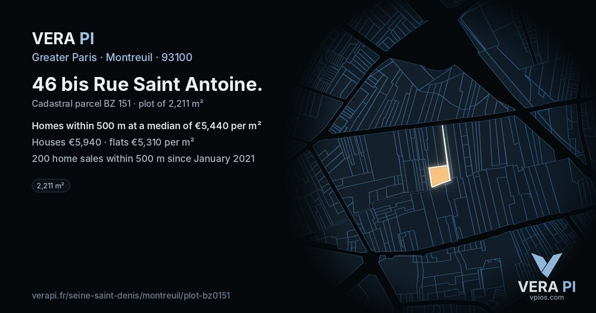 46 bis Rue Saint Antoine, Montreuil at night – the plot lit, the parcels around coloured by the prices near them