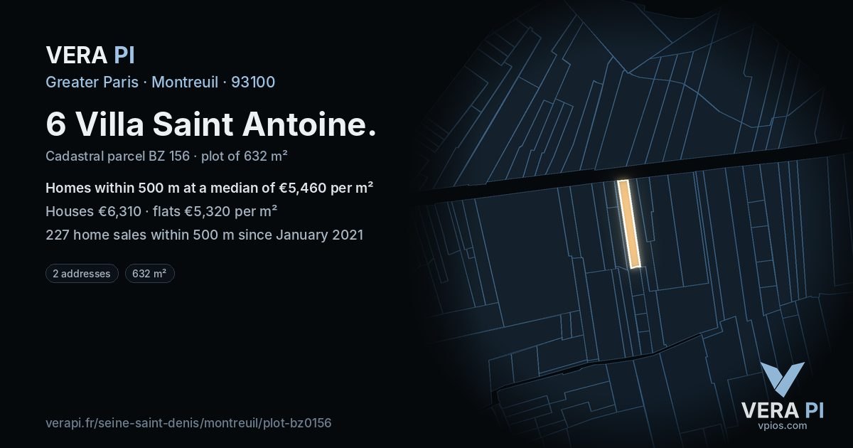 6 Villa Saint Antoine, Montreuil at night – the plot lit, the parcels around coloured by the prices near them