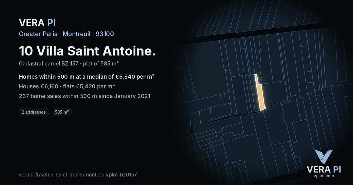 10 Villa Saint Antoine, Montreuil at night – the plot lit, the parcels around coloured by the prices near them