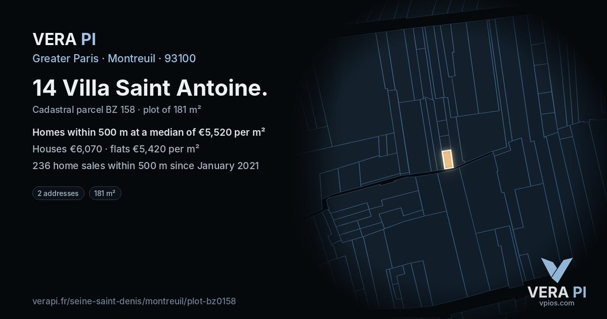 14 Villa Saint Antoine, Montreuil at night – the plot lit, the parcels around coloured by the prices near them
