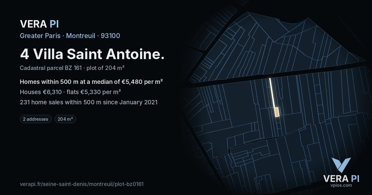 4 Villa Saint Antoine, Montreuil at night – the plot lit, the parcels around coloured by the prices near them