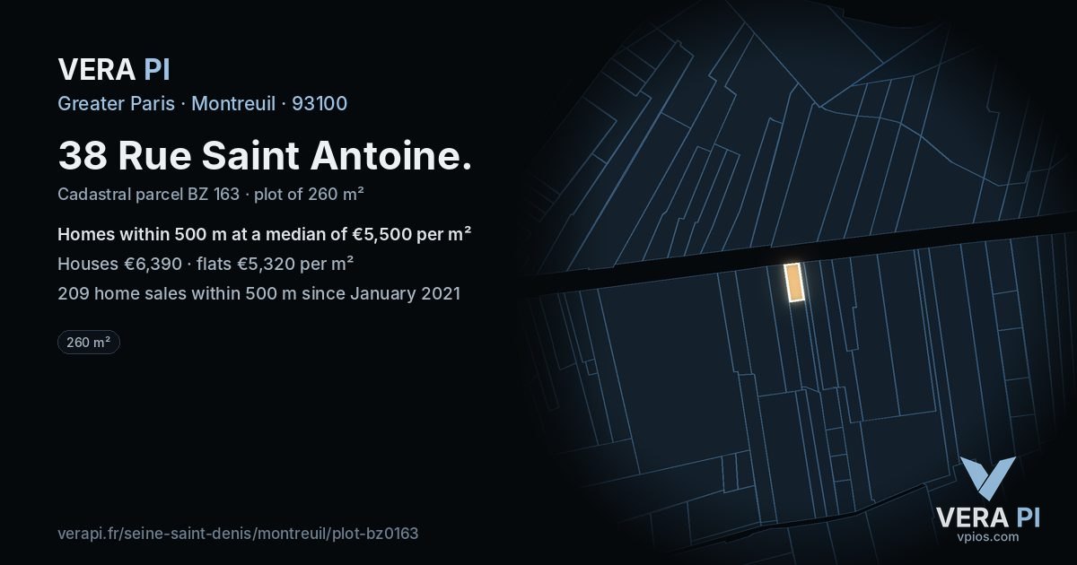38 Rue Saint Antoine, Montreuil at night – the plot lit, the parcels around coloured by the prices near them