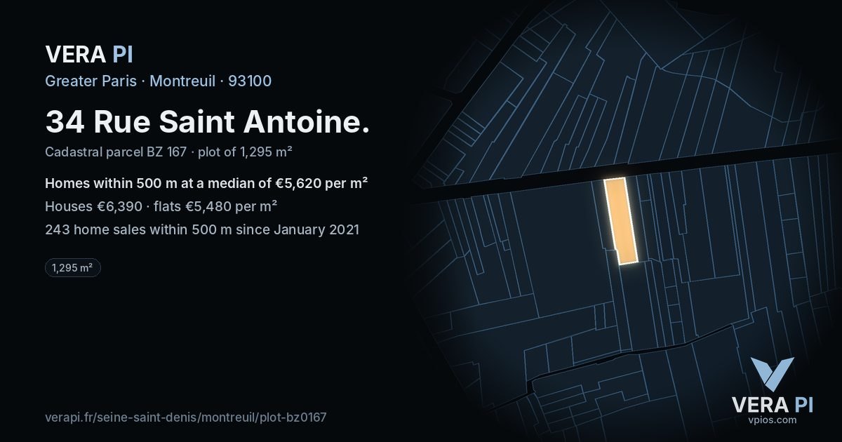 34 Rue Saint Antoine, Montreuil at night – the plot lit, the parcels around coloured by the prices near them