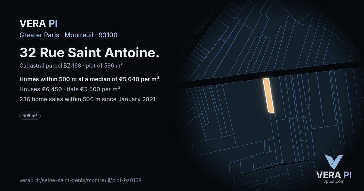 32 Rue Saint Antoine, Montreuil at night – the plot lit, the parcels around coloured by the prices near them