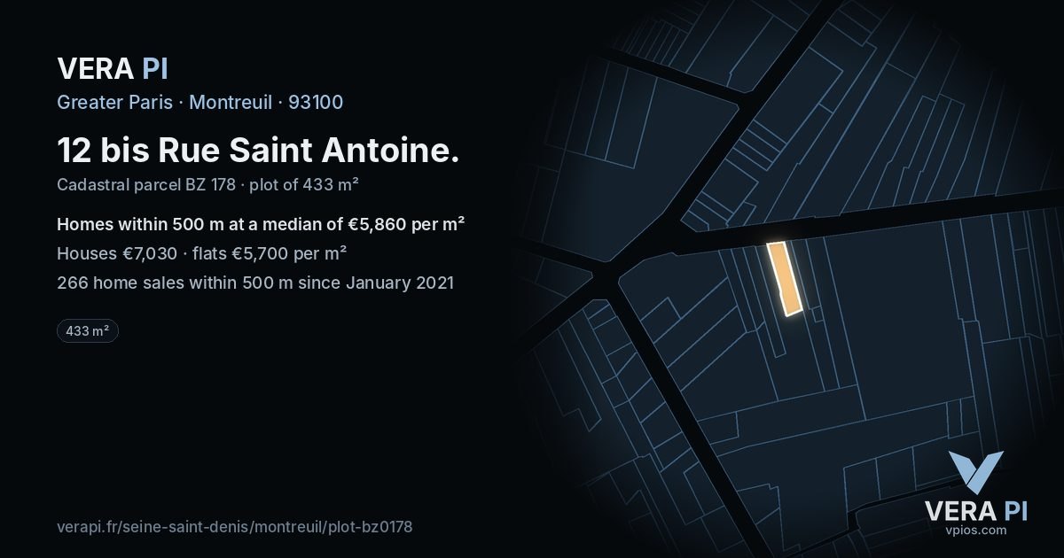 12 bis Rue Saint Antoine, Montreuil at night – the plot lit, the parcels around coloured by the prices near them