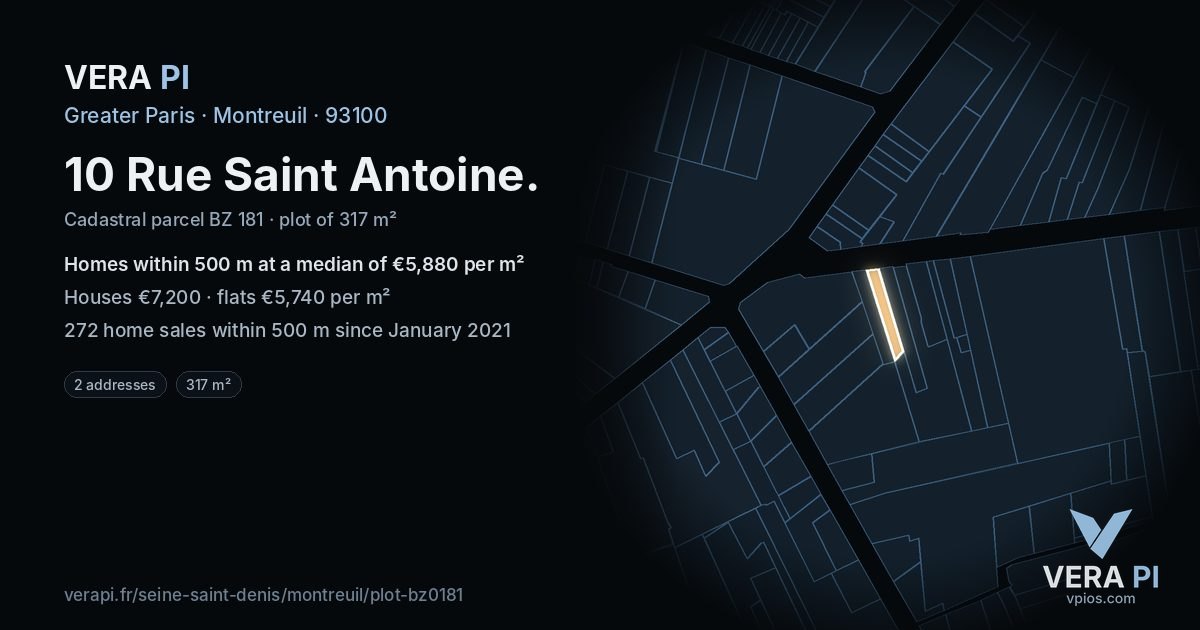 10 Rue Saint Antoine, Montreuil at night – the plot lit, the parcels around coloured by the prices near them
