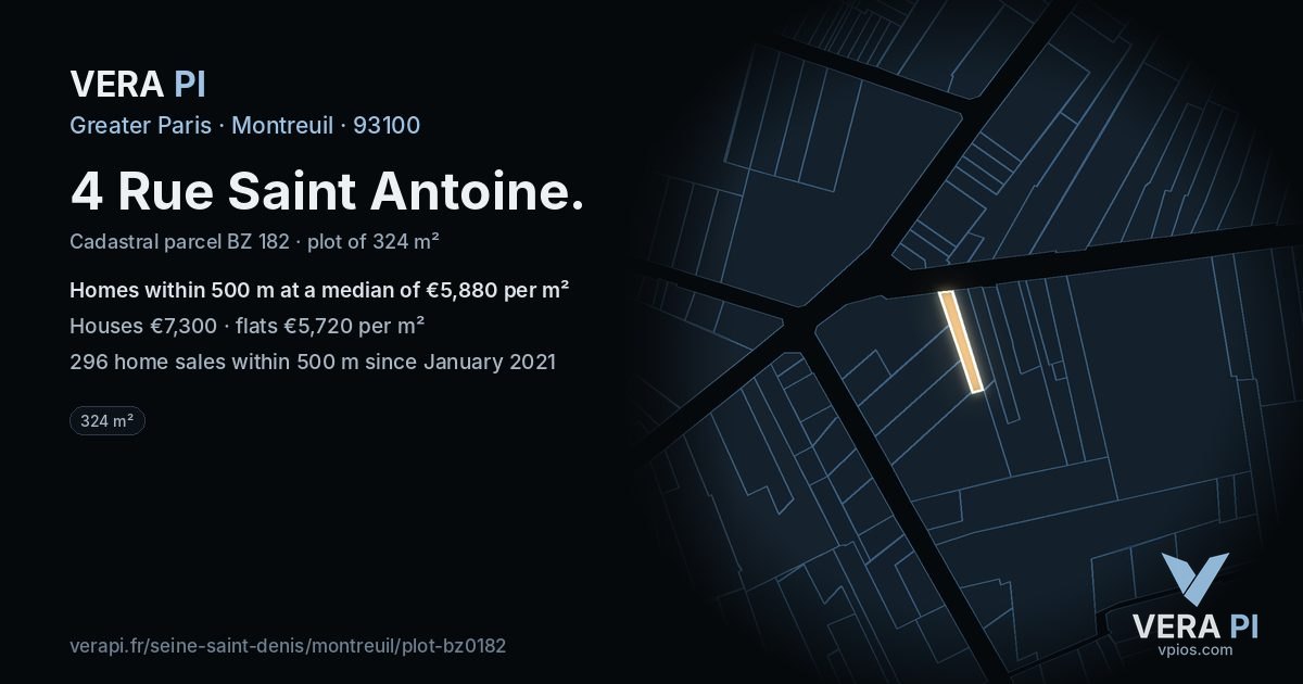 4 Rue Saint Antoine, Montreuil at night – the plot lit, the parcels around coloured by the prices near them