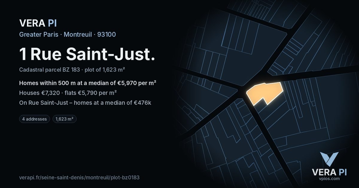 1 Rue Saint-Just, Montreuil at night – the plot lit, the parcels around coloured by the prices near them