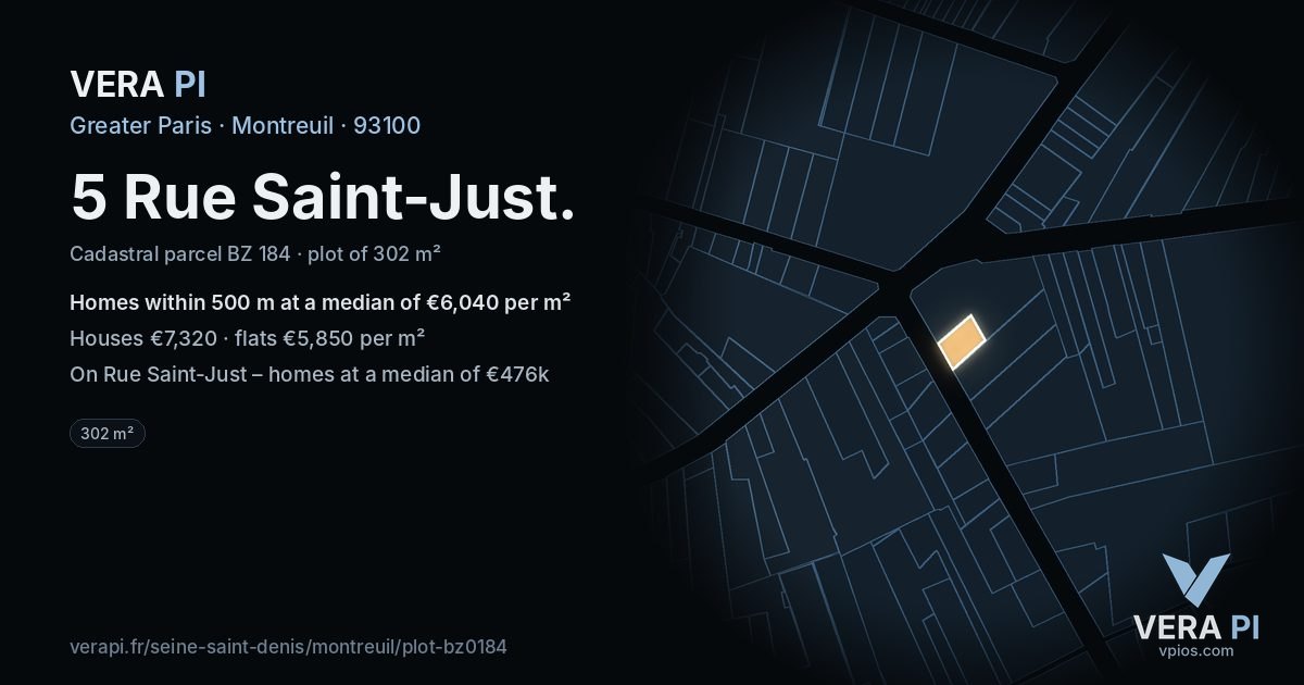 5 Rue Saint-Just, Montreuil at night – the plot lit, the parcels around coloured by the prices near them