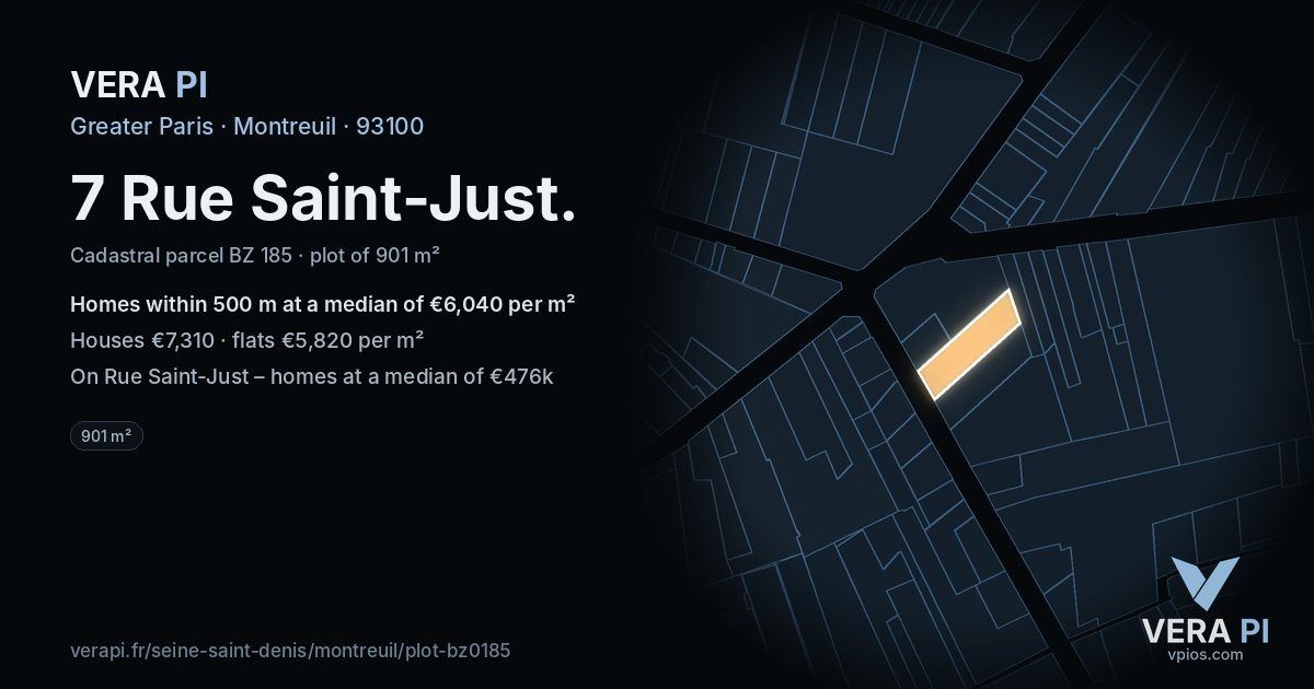 7 Rue Saint-Just, Montreuil at night – the plot lit, the parcels around coloured by the prices near them