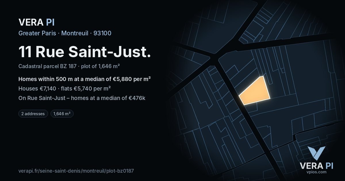 11 Rue Saint-Just, Montreuil at night – the plot lit, the parcels around coloured by the prices near them