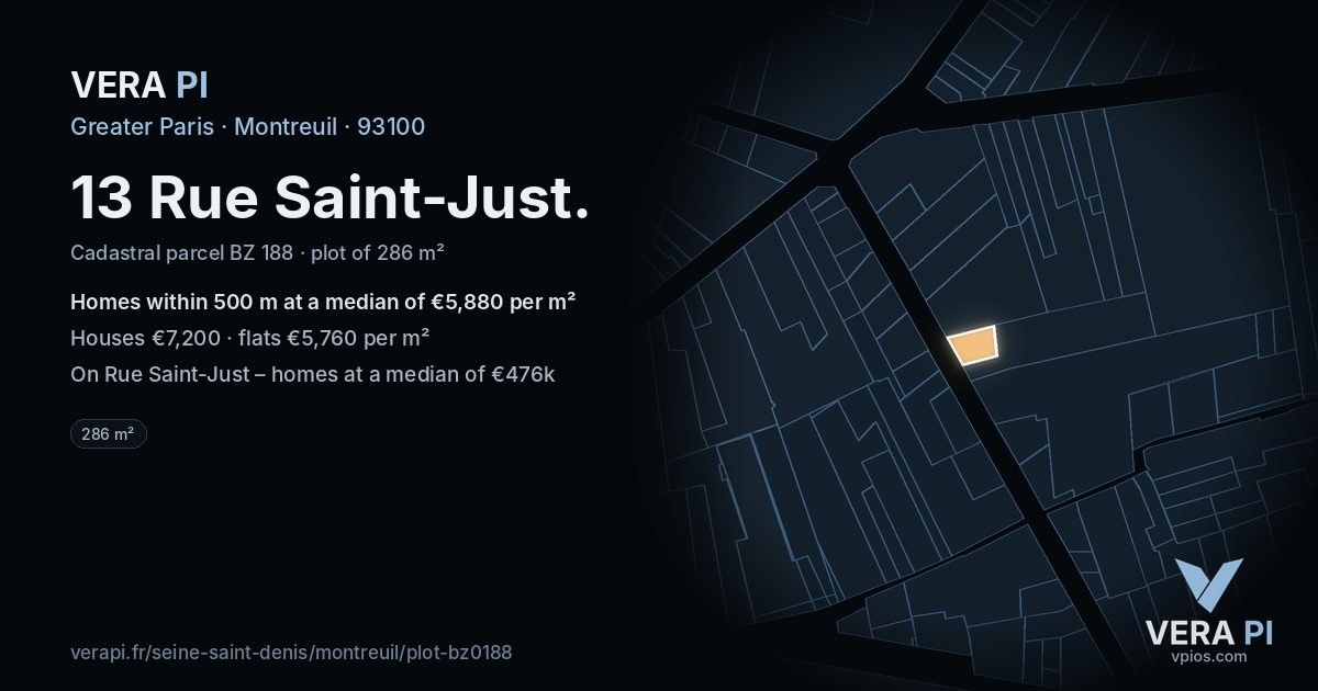 13 Rue Saint-Just, Montreuil at night – the plot lit, the parcels around coloured by the prices near them