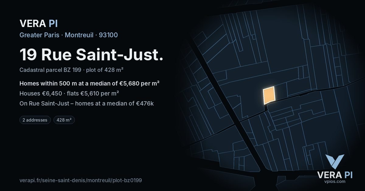 19 Rue Saint-Just, Montreuil at night – the plot lit, the parcels around coloured by the prices near them