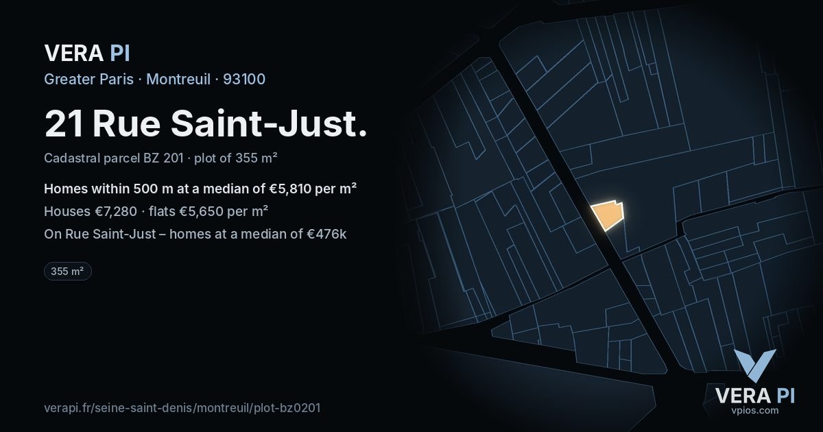 21 Rue Saint-Just, Montreuil at night – the plot lit, the parcels around coloured by the prices near them