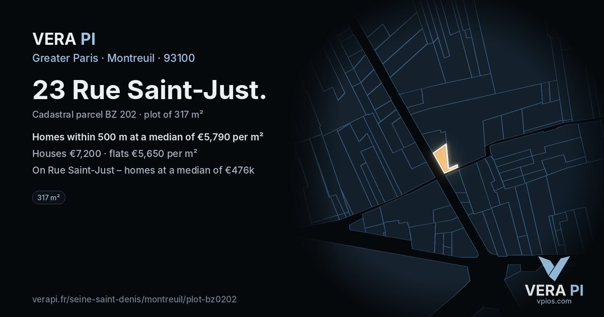 23 Rue Saint-Just, Montreuil at night – the plot lit, the parcels around coloured by the prices near them
