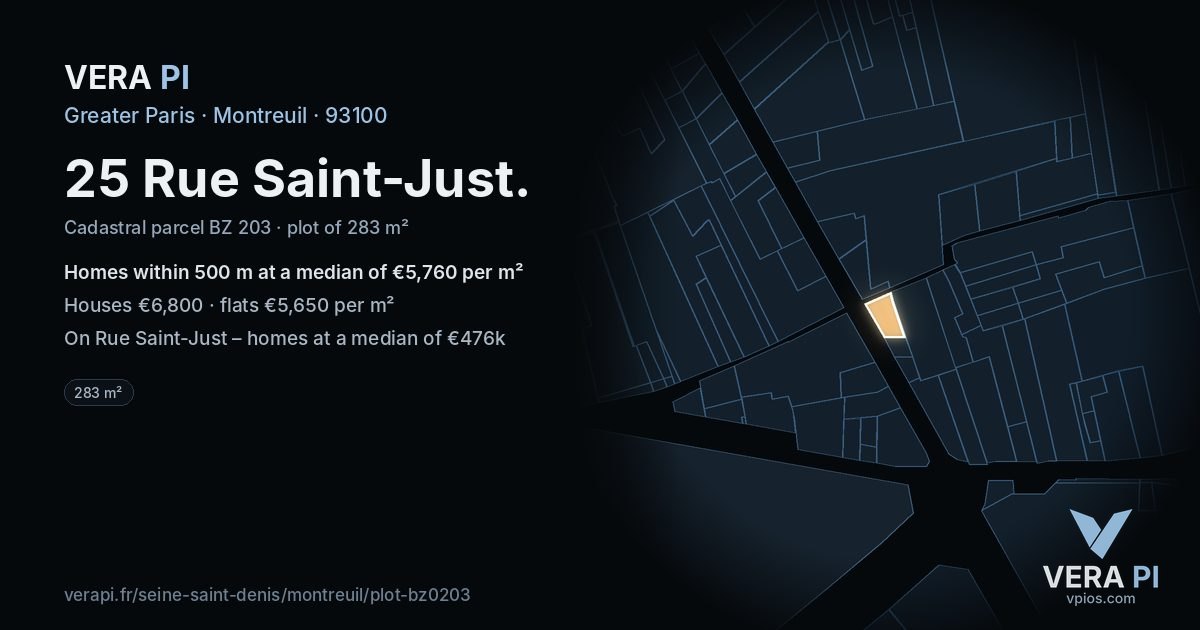 25 Rue Saint-Just, Montreuil at night – the plot lit, the parcels around coloured by the prices near them