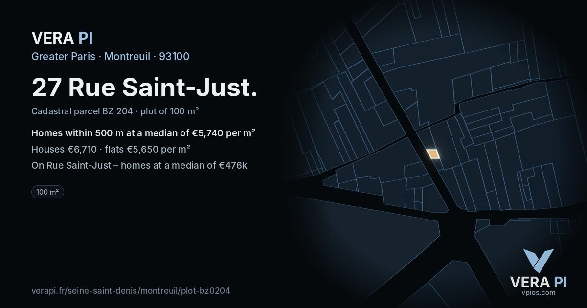 27 Rue Saint-Just, Montreuil at night – the plot lit, the parcels around coloured by the prices near them