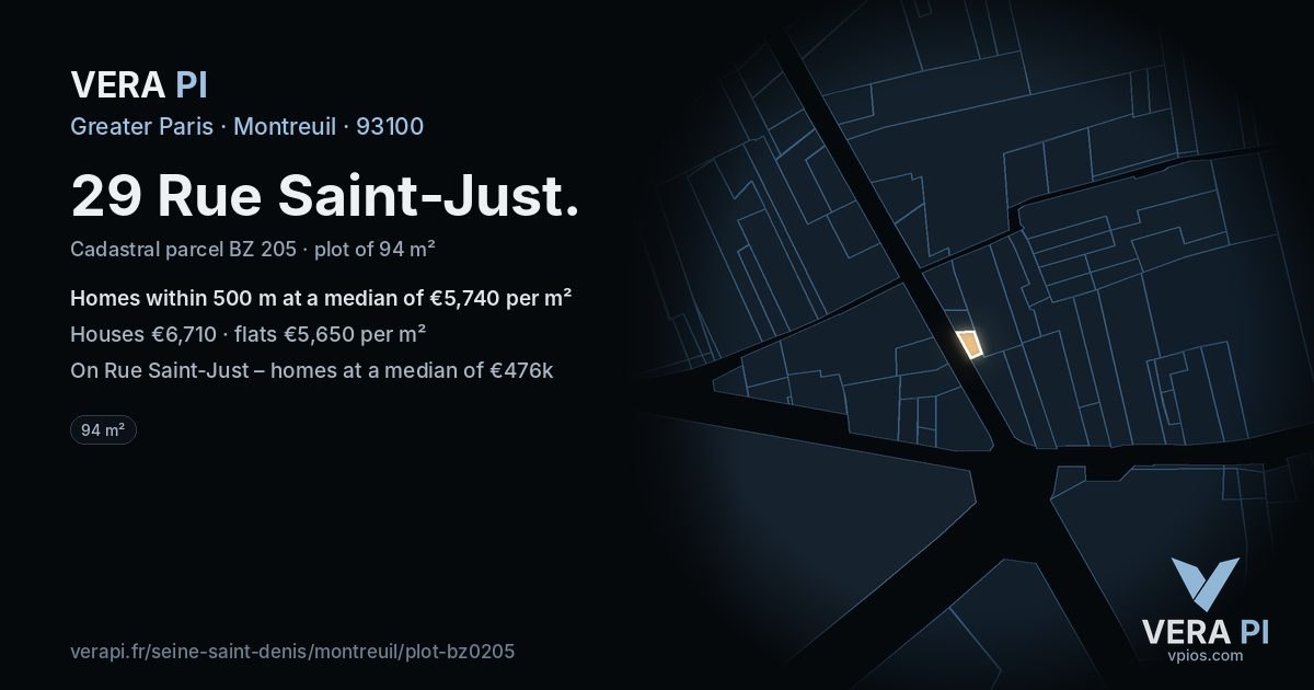 29 Rue Saint-Just, Montreuil at night – the plot lit, the parcels around coloured by the prices near them