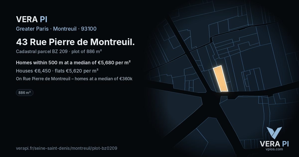 43 Rue Pierre de Montreuil, Montreuil at night – the plot lit, the parcels around coloured by the prices near them
