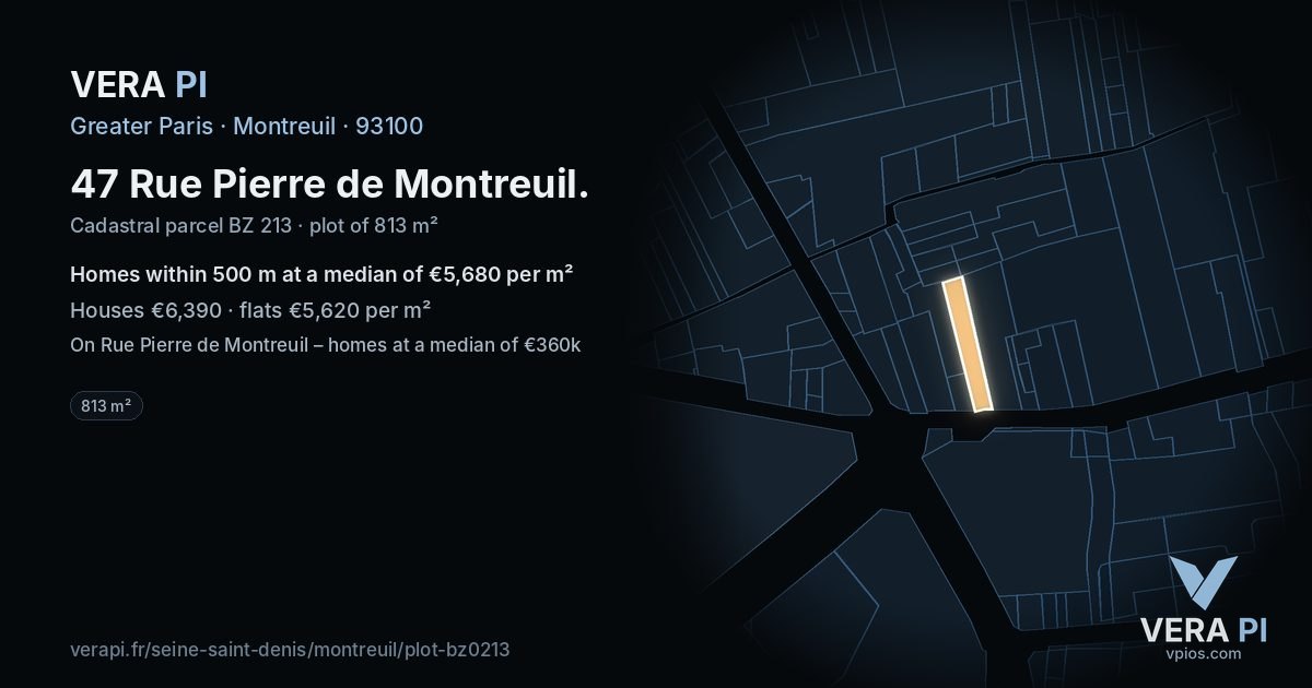 47 Rue Pierre de Montreuil, Montreuil at night – the plot lit, the parcels around coloured by the prices near them