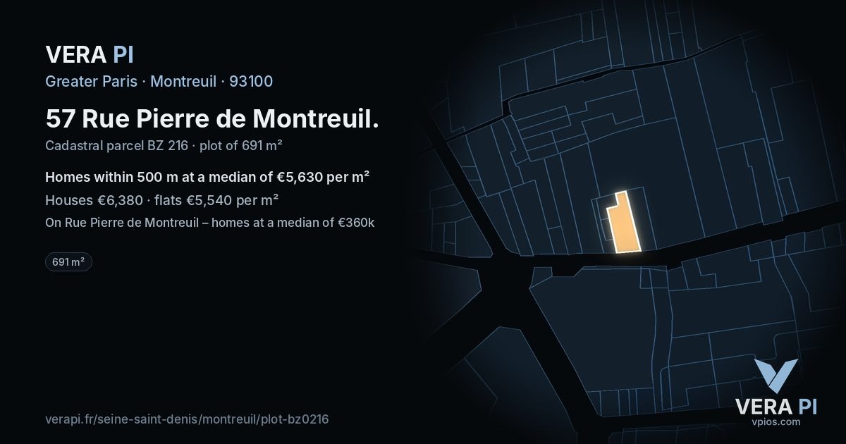 57 Rue Pierre de Montreuil, Montreuil at night – the plot lit, the parcels around coloured by the prices near them