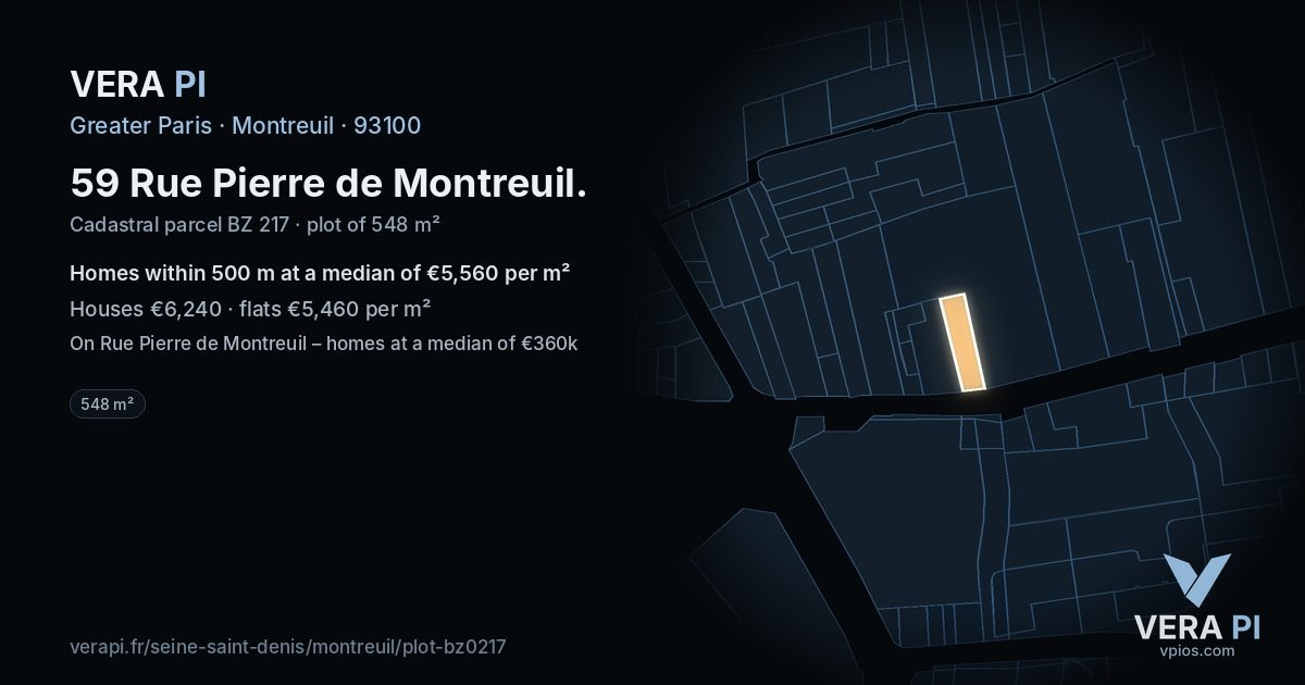 59 Rue Pierre de Montreuil, Montreuil at night – the plot lit, the parcels around coloured by the prices near them