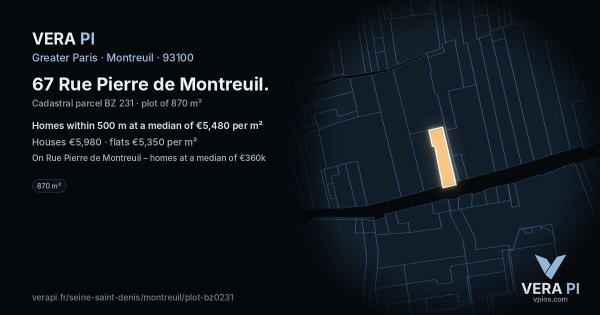 67 Rue Pierre de Montreuil, Montreuil at night – the plot lit, the parcels around coloured by the prices near them