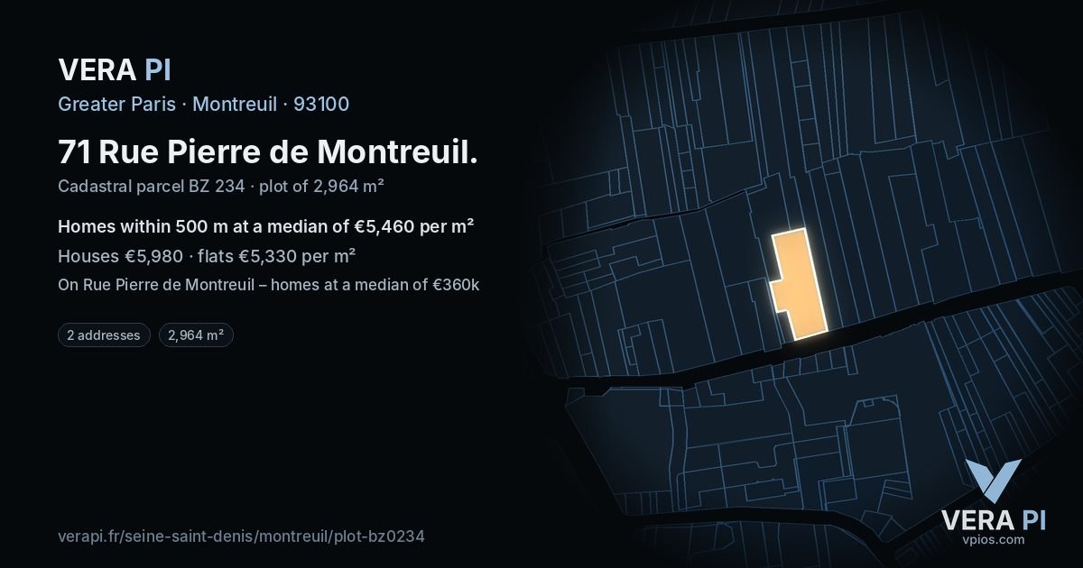 71 Rue Pierre de Montreuil, Montreuil at night – the plot lit, the parcels around coloured by the prices near them