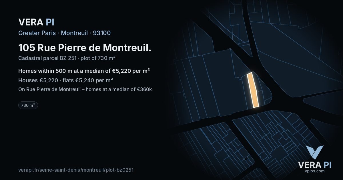 105 Rue Pierre de Montreuil, Montreuil at night – the plot lit, the parcels around coloured by the prices near them