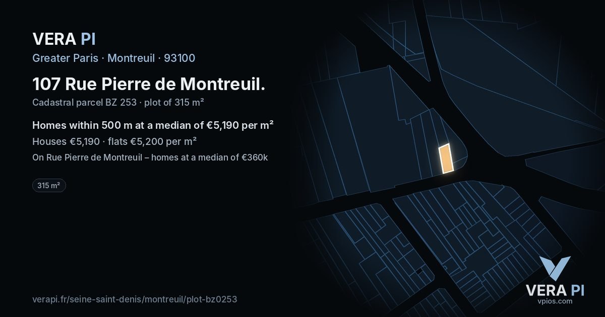 107 Rue Pierre de Montreuil, Montreuil at night – the plot lit, the parcels around coloured by the prices near them