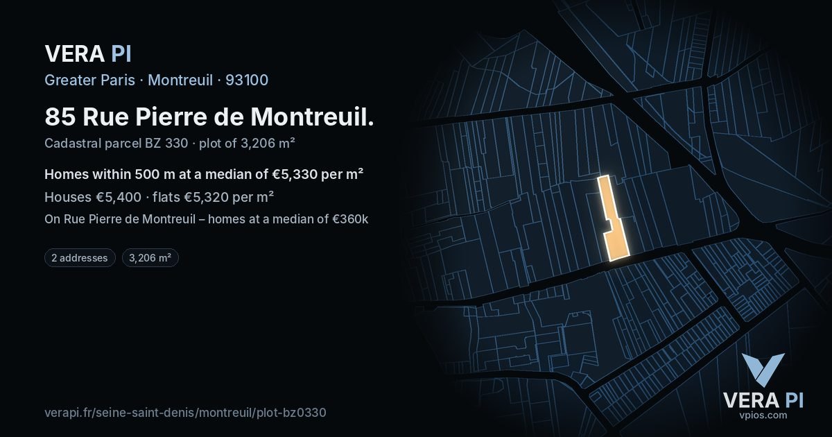 85 Rue Pierre de Montreuil, Montreuil at night – the plot lit, the parcels around coloured by the prices near them