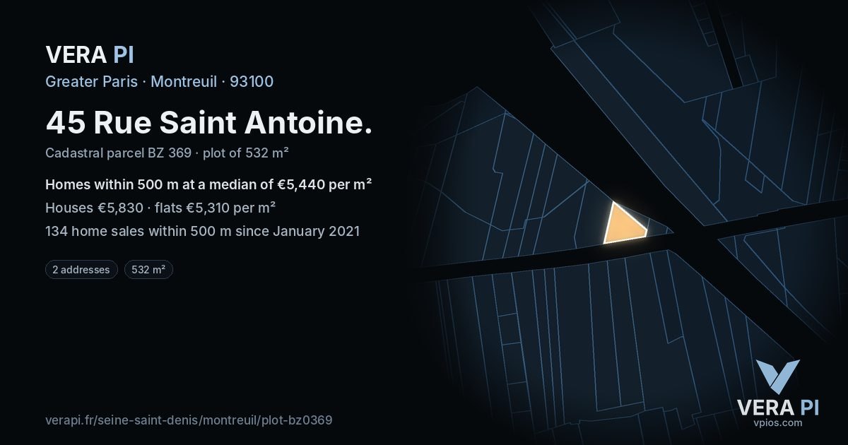 45 Rue Saint Antoine, Montreuil at night – the plot lit, the parcels around coloured by the prices near them