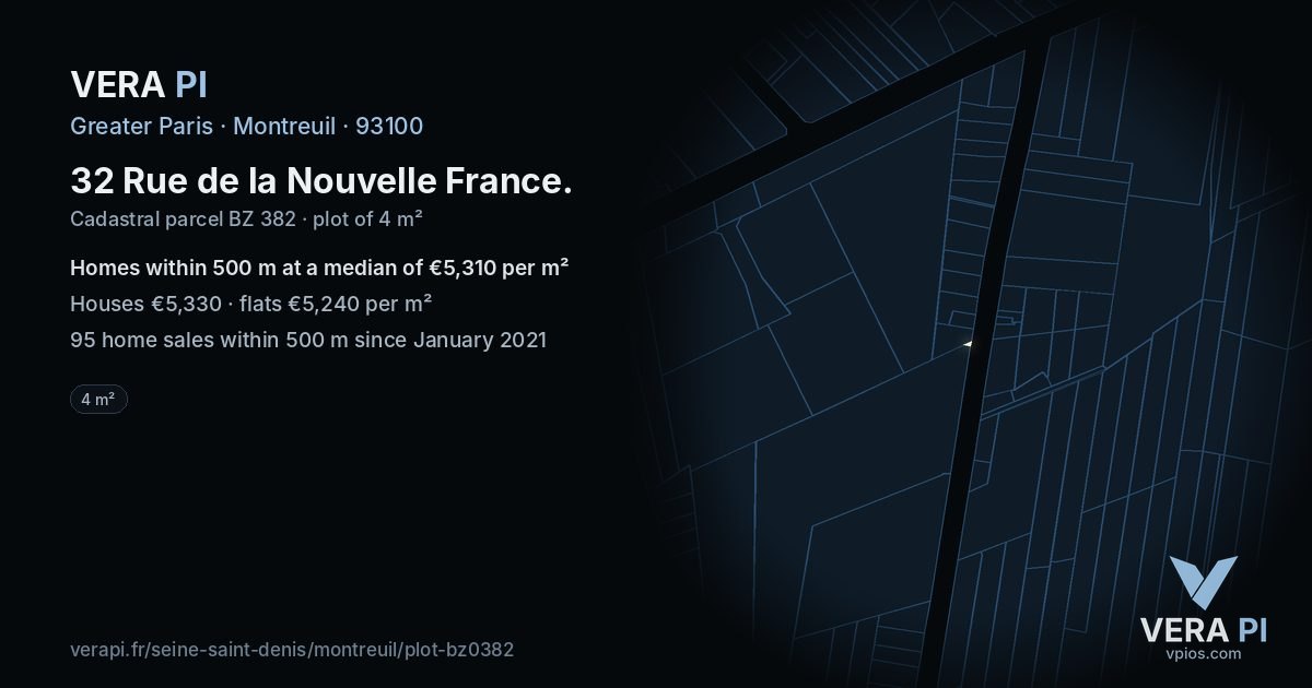 32 Rue de la Nouvelle France, Montreuil at night – the plot lit, the parcels around coloured by the prices near them